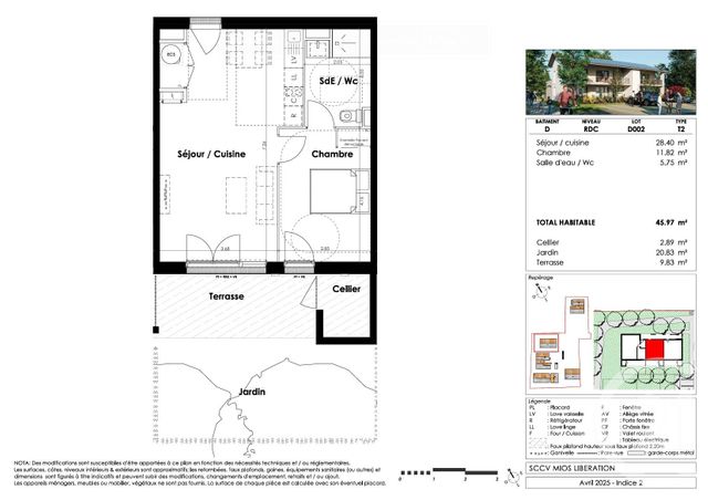Appartement T2 à vendre - 2 pièces - 45.97 m2 - MIOS - 33 - AQUITAINE - Century 21 Duprat & Associés